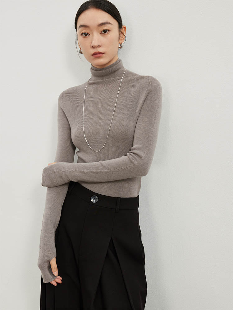 High Neck Sweater with Thumbhole Cuff Design
