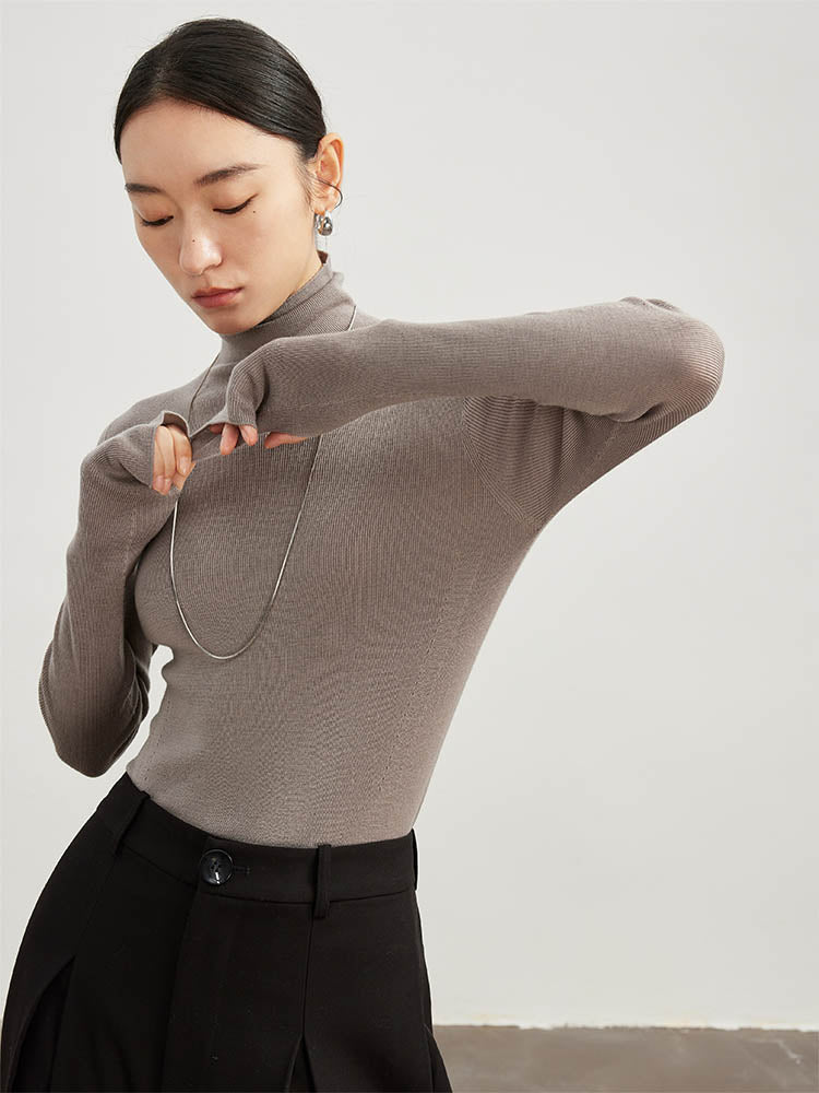 High Neck Sweater with Thumbhole Cuff Design