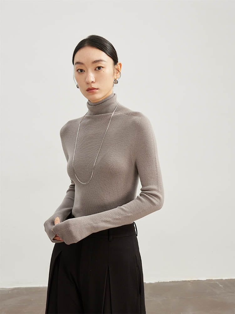 High Neck Sweater with Thumbhole Cuff Design