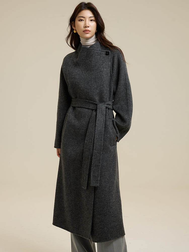 Partial Placket Single-Button Tie Wool Coat